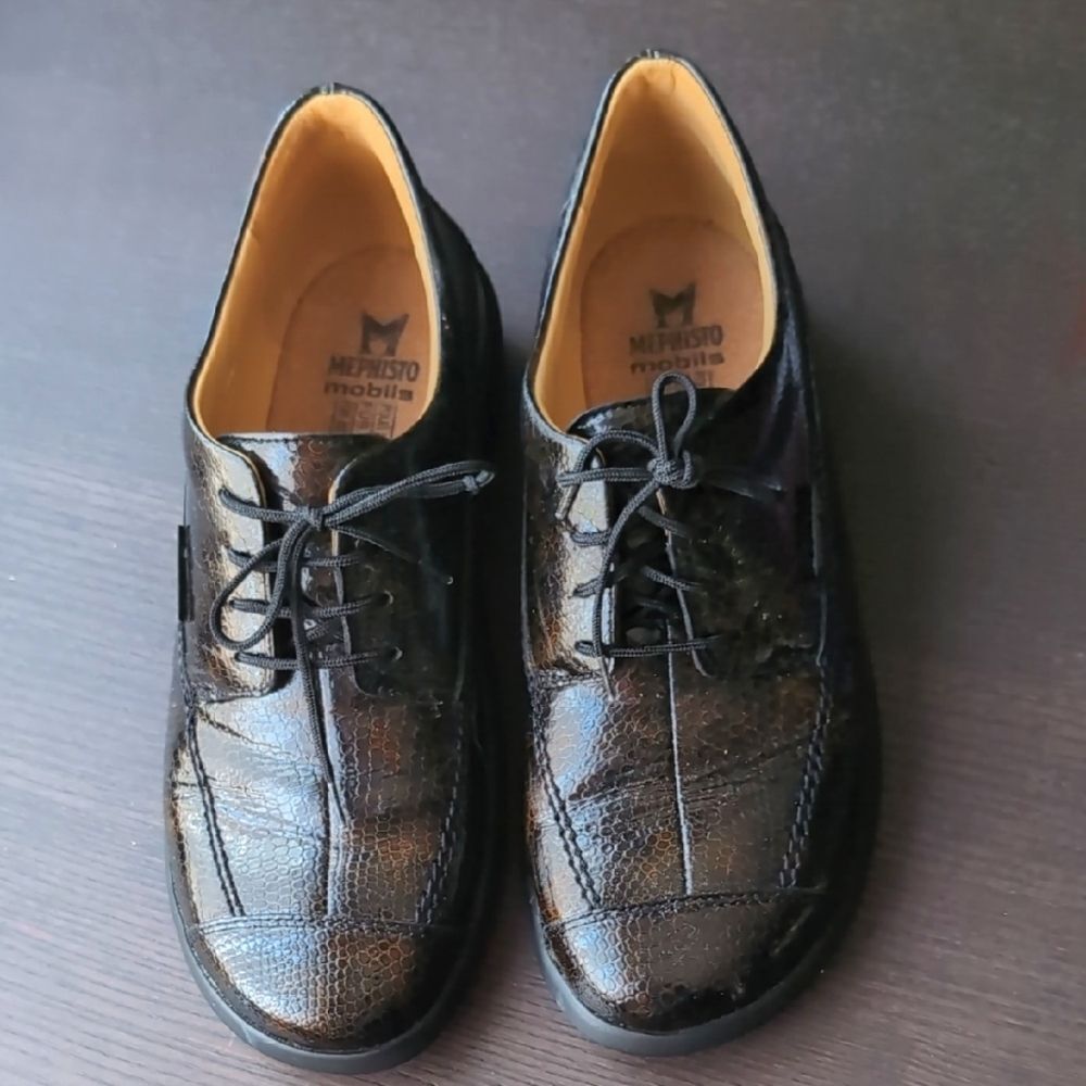 Mephisto Black Genuine Leather Oxfords Shock Absorber Polished Finish Us 7.5